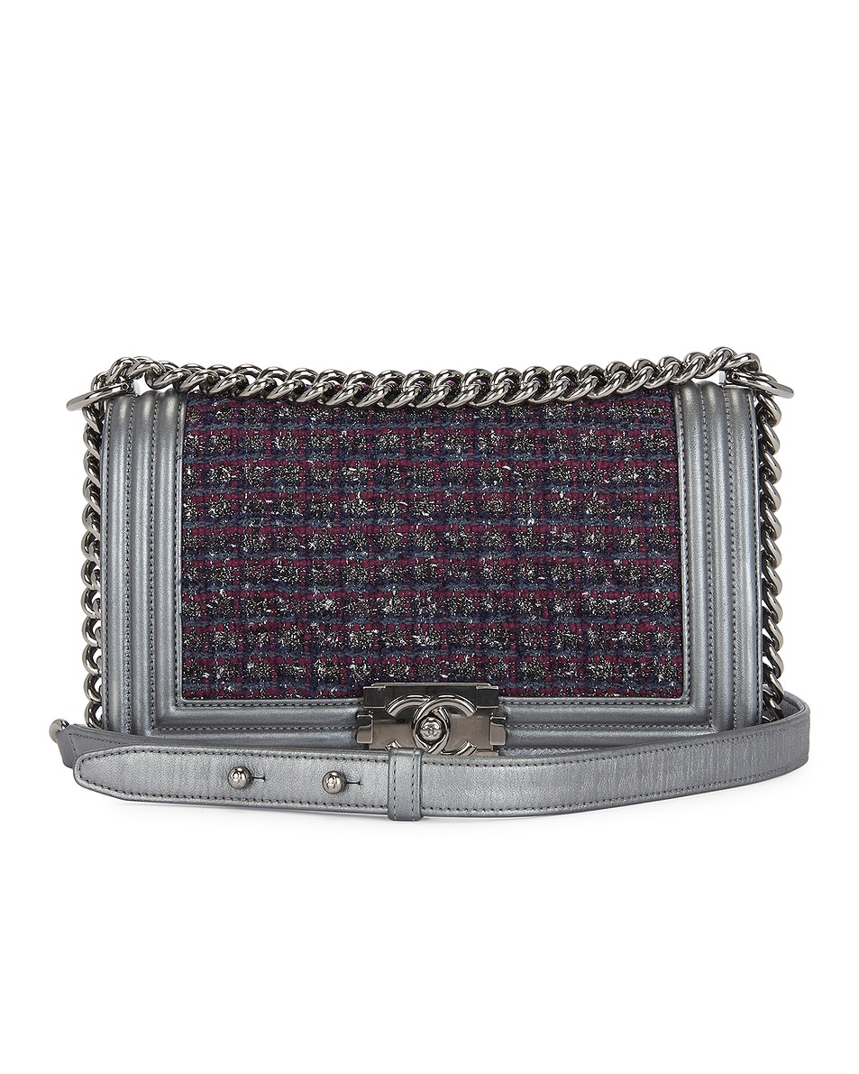 Image 1 of FWRD Renew Chanel Quilted Tweed Chain Boy Bag in Silver