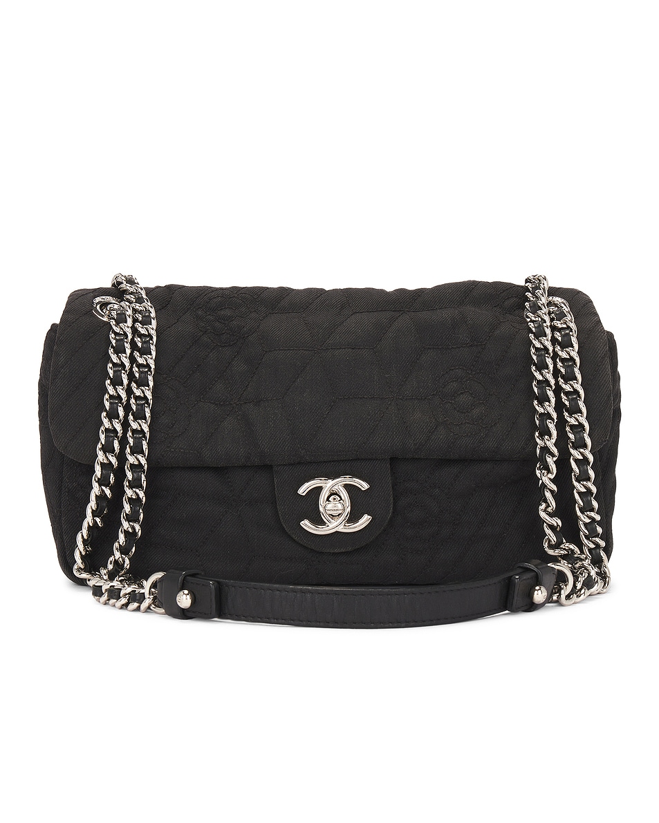 Image 1 of FWRD Renew Chanel Camelia Quilted Canvas Flap Shoulder Bag in Black