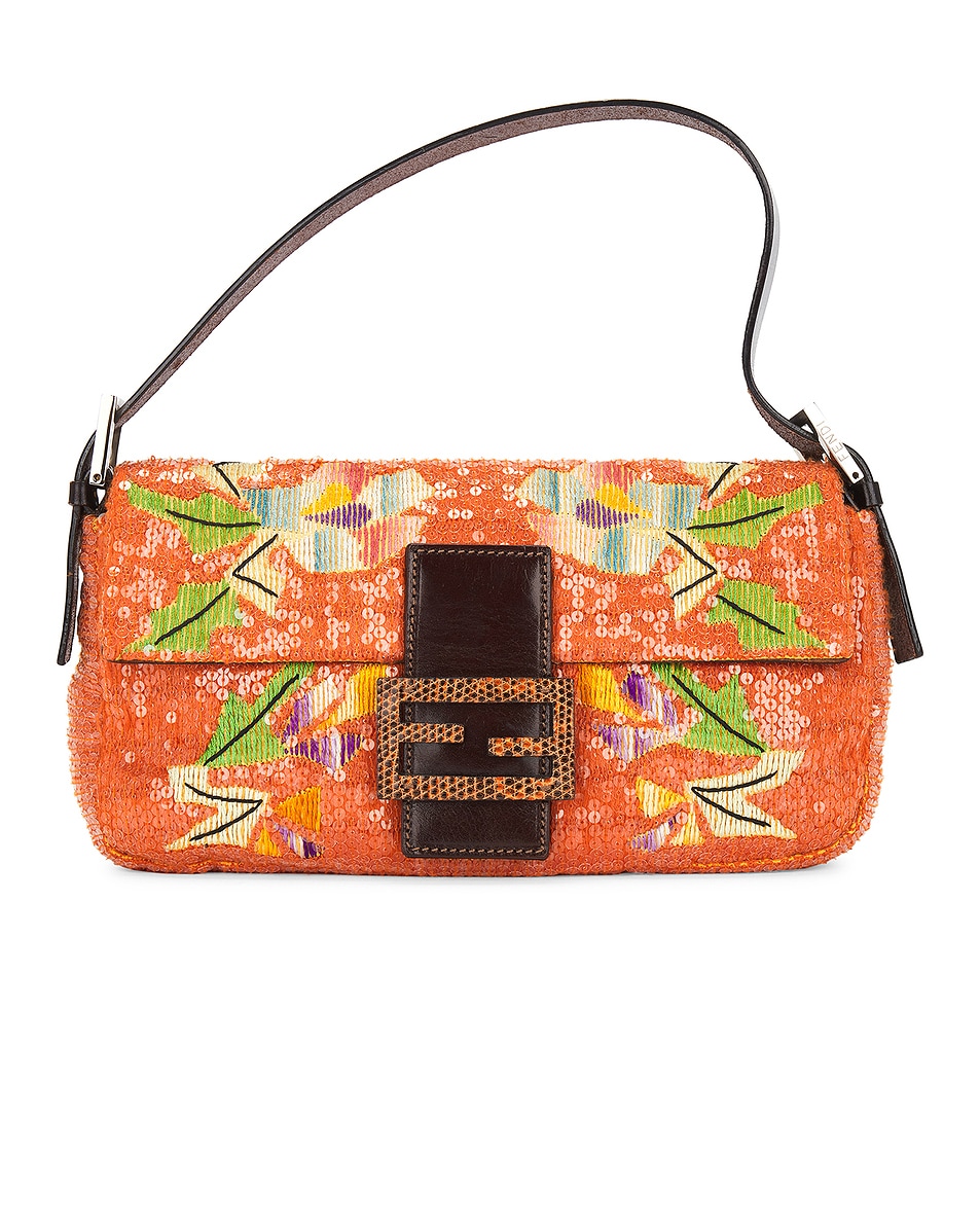 Image 1 of FWRD Renew Fendi Mama Embroidered Baguette Shoulder Bag in Orange