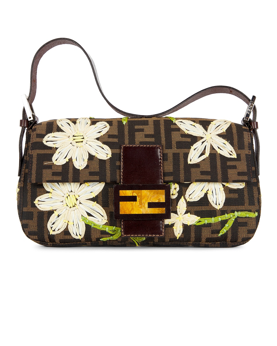Image 1 of FWRD Renew Fendi Mama Floral Embroidered Baguette Shoulder Bag in Brown