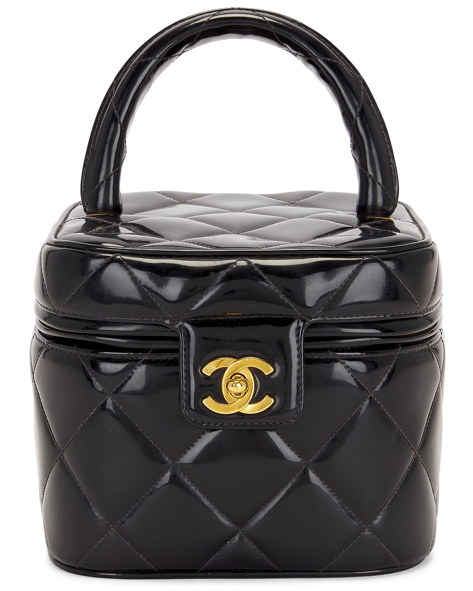 Image 1 of FWRD Renew Chanel Matelasse Enamel Heart Mirror Vanity Bag in Black