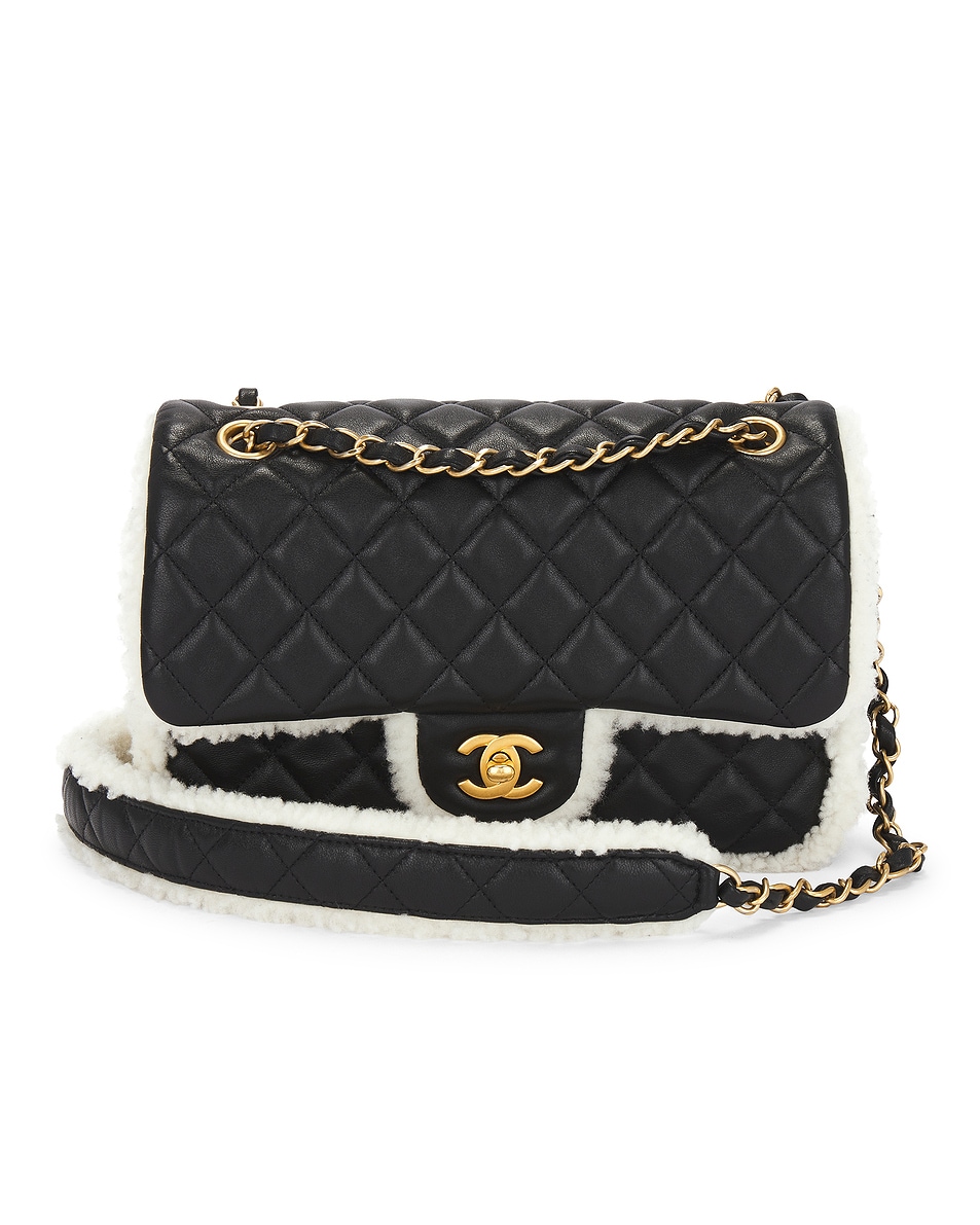 Image 1 of FWRD Renew Chanel Shearling Quilted Leather Flap Chain Shoulder Bag in Black