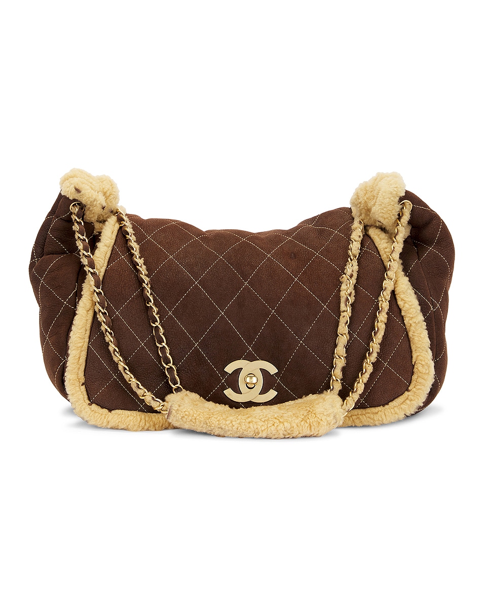 Image 1 of FWRD Renew Chanel Quilted Suede Shearling Shoulder Bag in Brown
