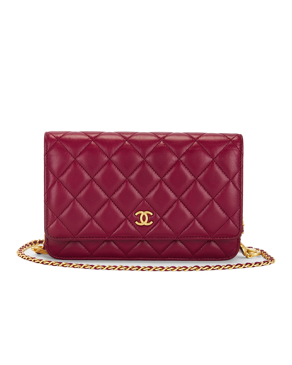 Image 1 of FWRD Renew Chanel Lambskin Coco Hearts Wallet on Chain in Burgundy