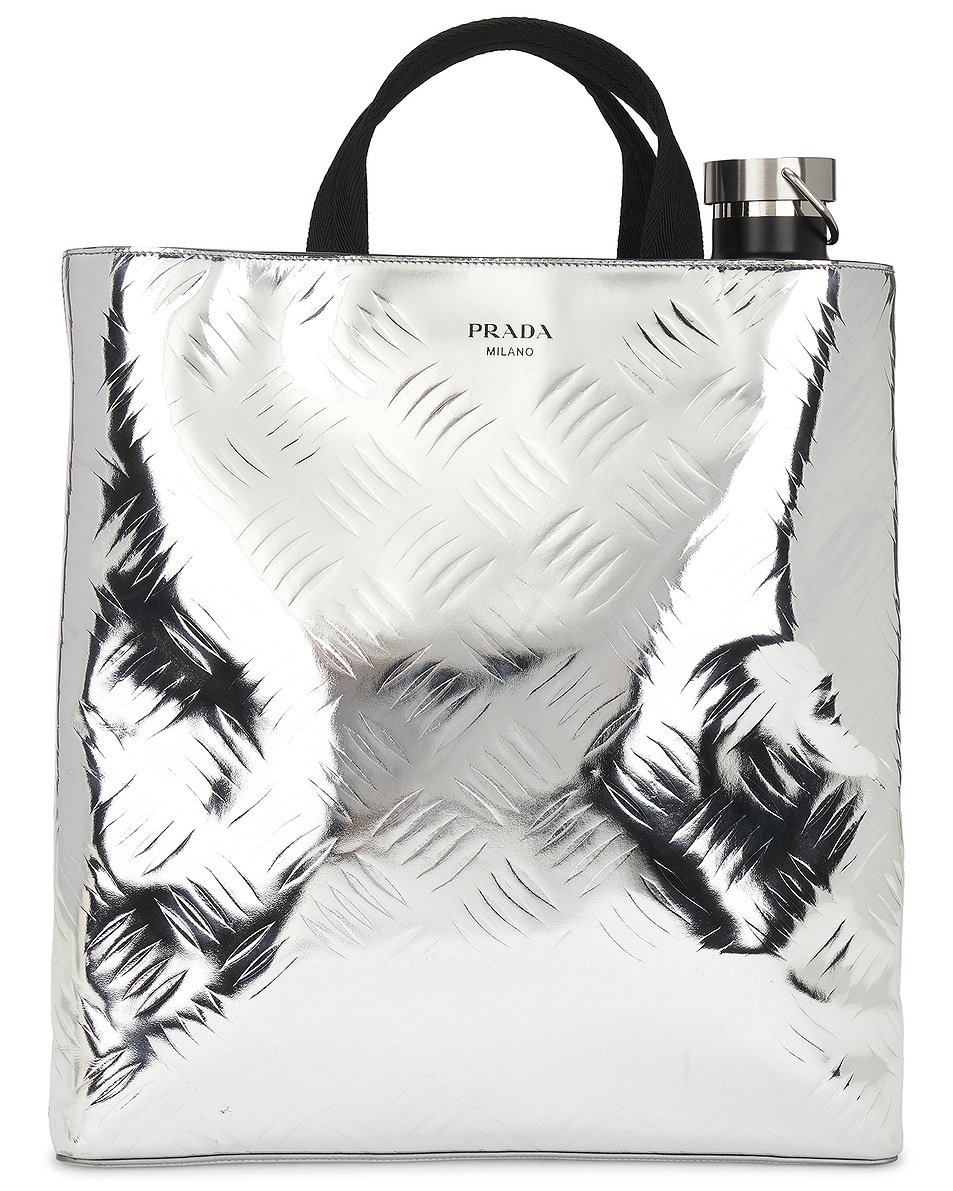 Image 1 of FWRD Renew Prada Metallic Spazzolato Embossed Tote Bag in Argento