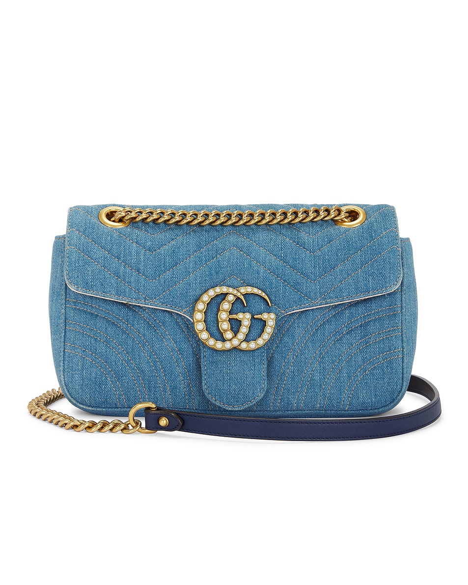 Image 1 of FWRD Renew Gucci GG Marmont Chain Denim Shoulder Bag in Blue