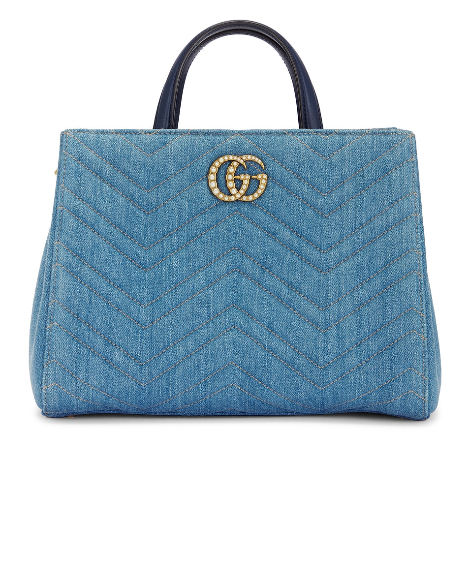 Image 1 of FWRD Renew Gucci Pearly GG Marmont Denim Tote Bag in Blue