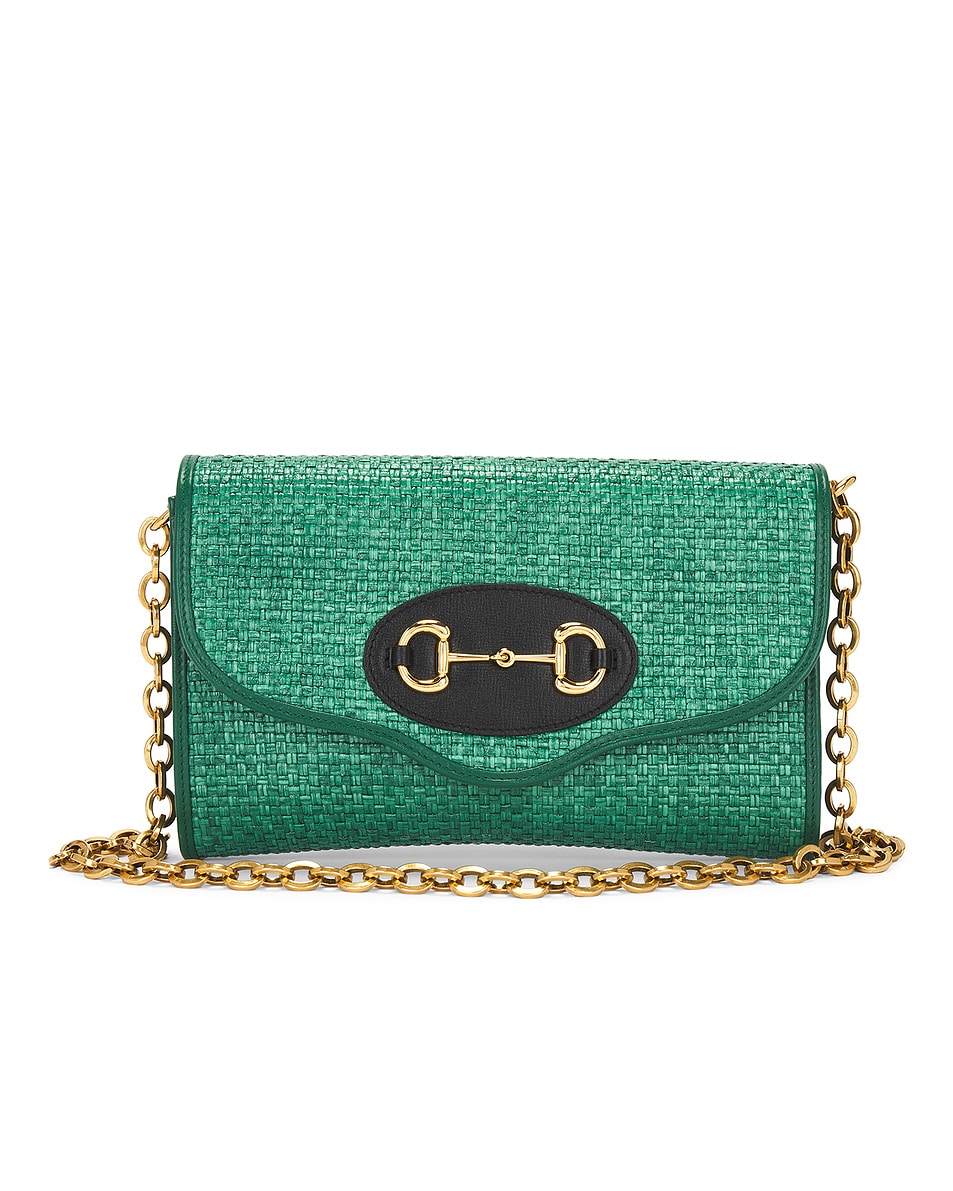 Image 1 of FWRD Renew Gucci Horsebit Raffia Chain Shoulder Bag in Green