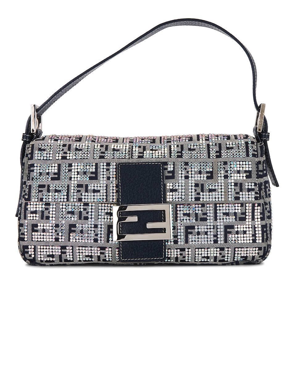 Image 1 of FWRD Renew Fendi Zucchino Crystal Baguette Shoulder Bag in Gray, Navy, & Silver