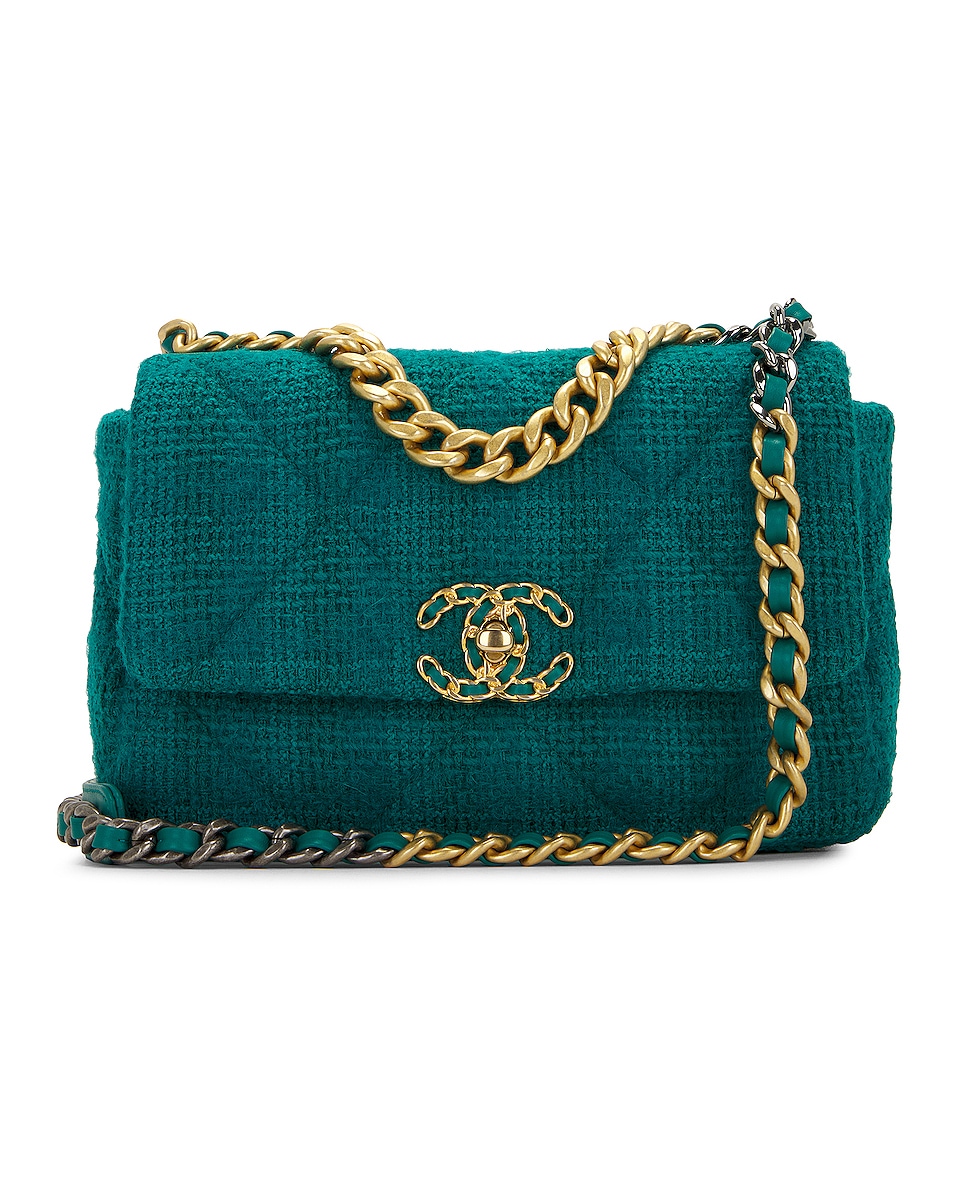 Image 1 of FWRD Renew Chanel 19 Quilted Tweed Small Flap Bag in Turquoise