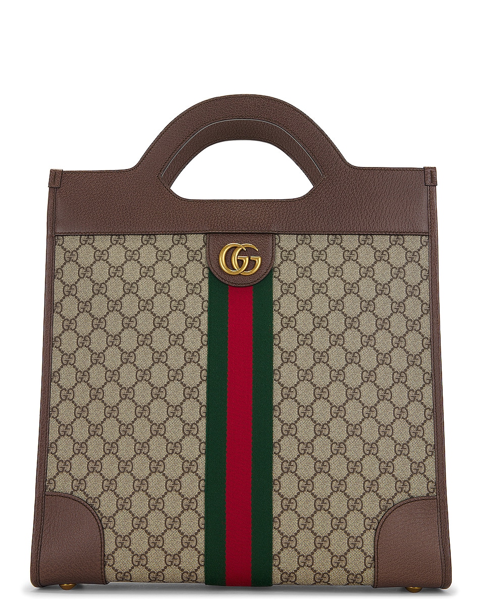 Image 1 of FWRD Renew Gucci GG Supreme Ophidia Tote Bag in Brown & Tan