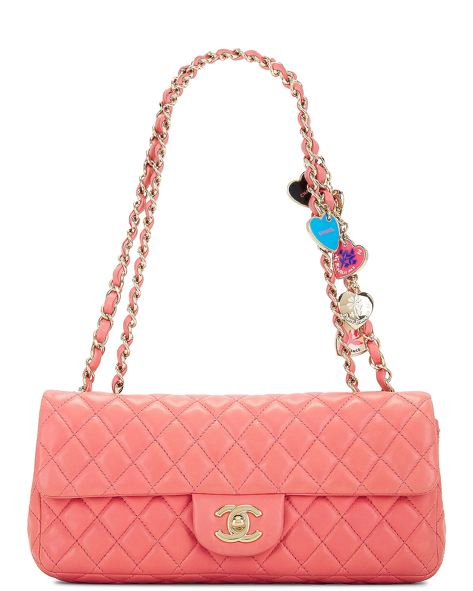 Image 1 of FWRD Renew Chanel Matelasse East West Valentine Charms Lambskin Single Flap Double Chain Bag in Pink