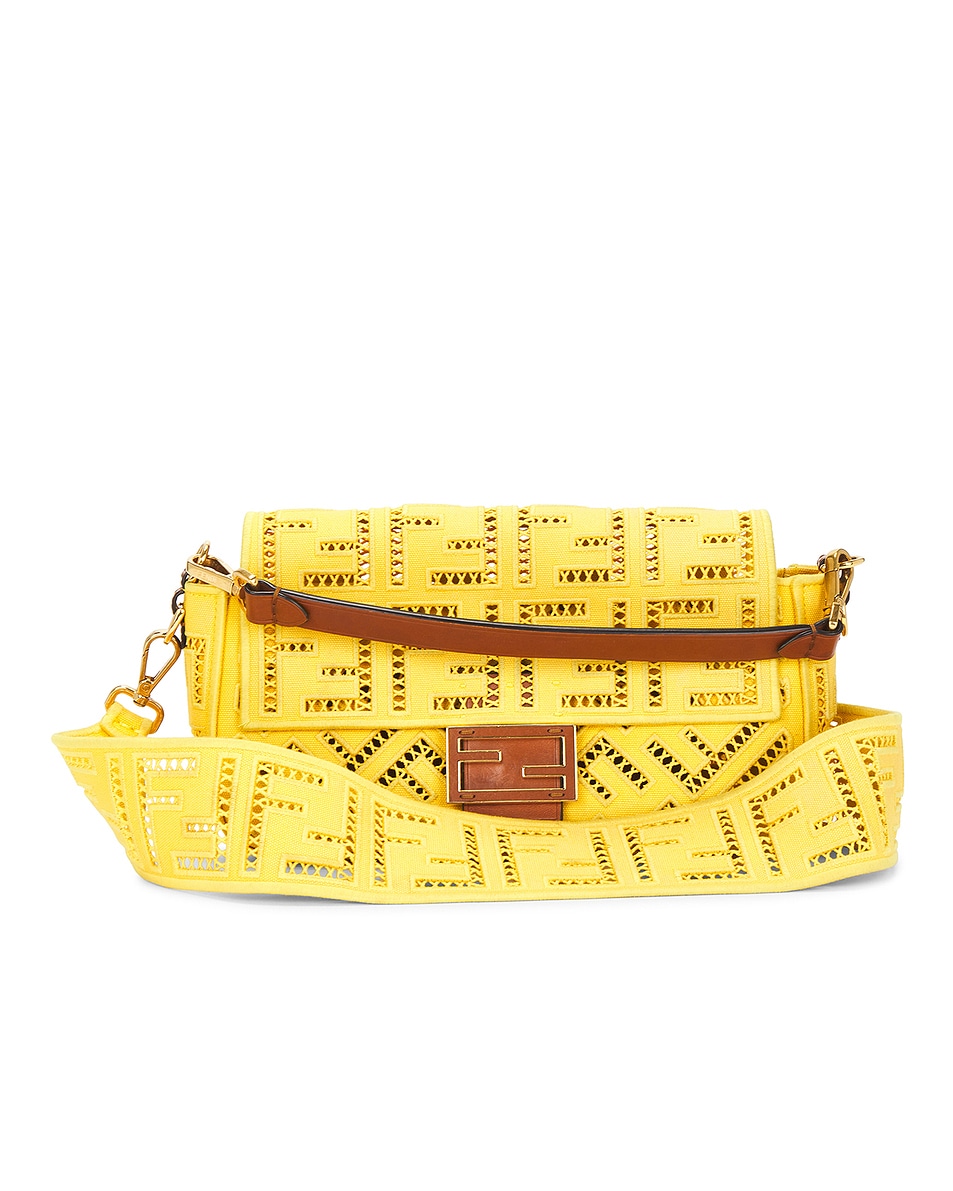 Image 1 of FWRD Renew Fendi FF Openwork Embroidered Baguette NM Shoulder Bag in Yellow