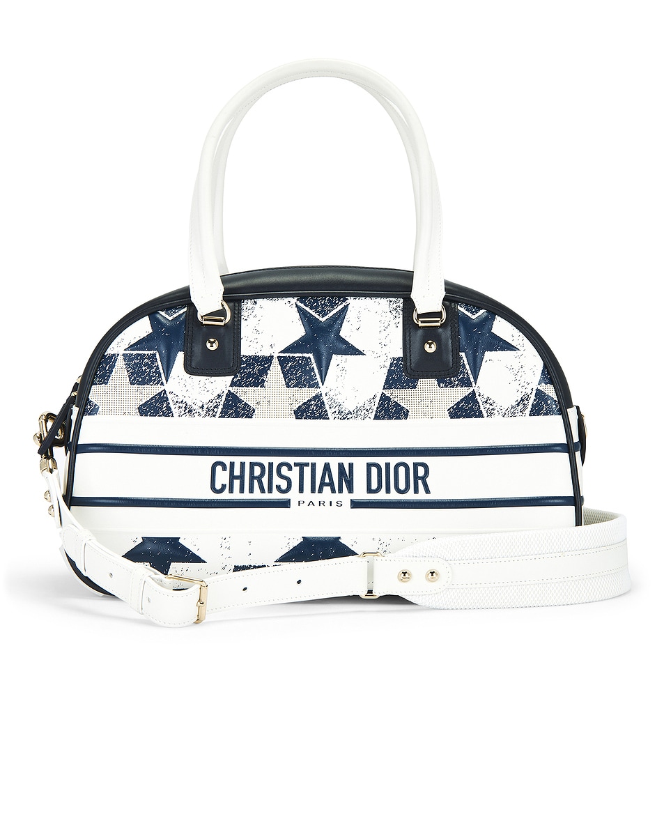 Image 1 of FWRD Renew Dior Printed Star Embossed Vibe Zip Bowling Bag in Blue & White