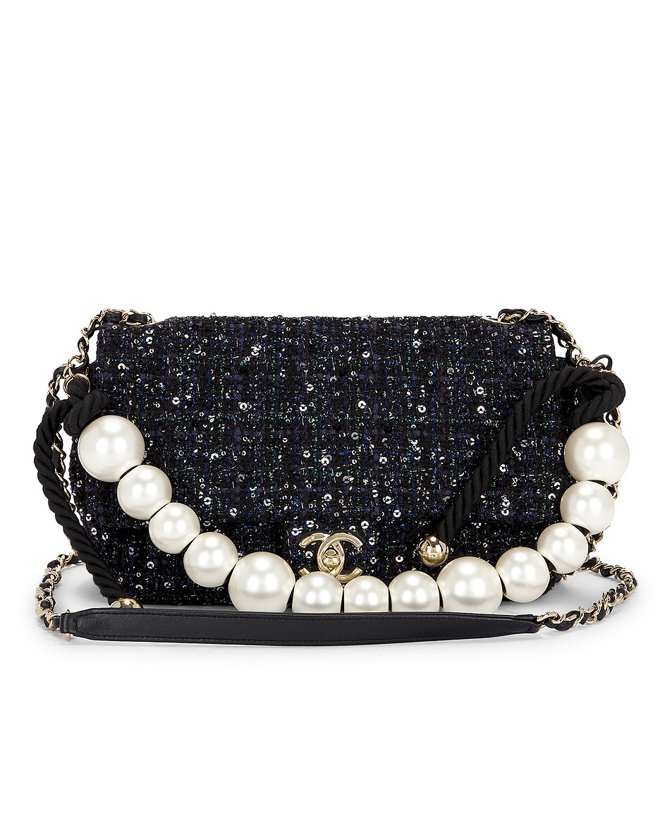 Image 1 of FWRD Renew Chanel Tweed Small Pearl Handle Flap Bag in Navy