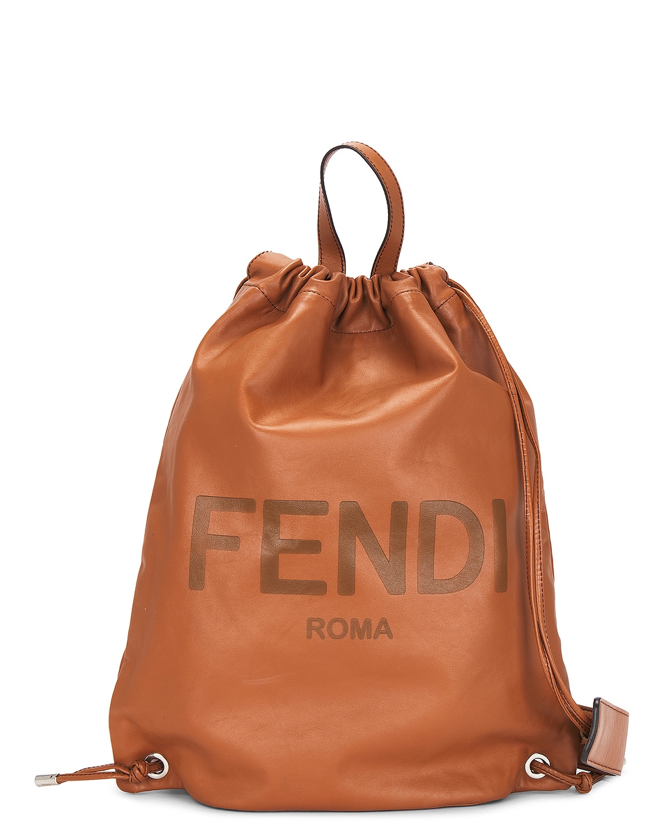 Image 1 of FWRD Renew Fendi Logo Embossed Drawstring Backpack in Brown