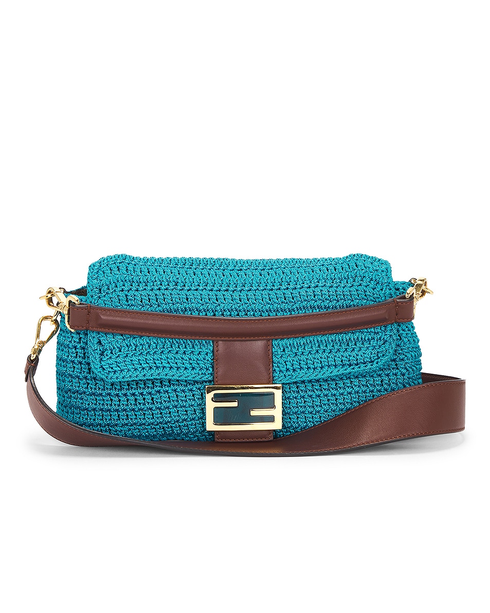 Image 1 of FWRD Renew Fendi Raffia Crochet Baguette Shoulder Bag in Cyber Blue & Ghianda