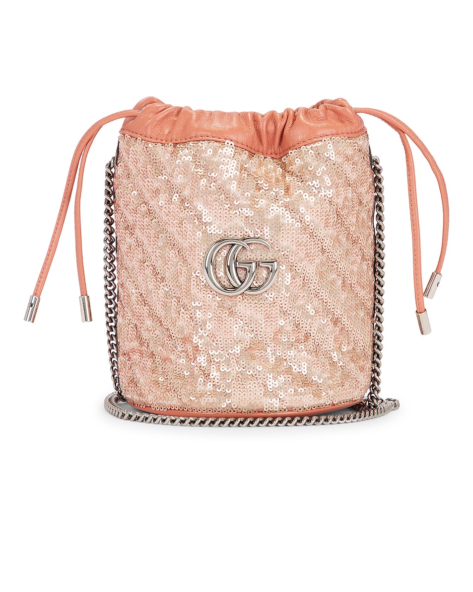 Image 1 of FWRD Renew Gucci Sequin GG Marmont Bucket Bag in Brown