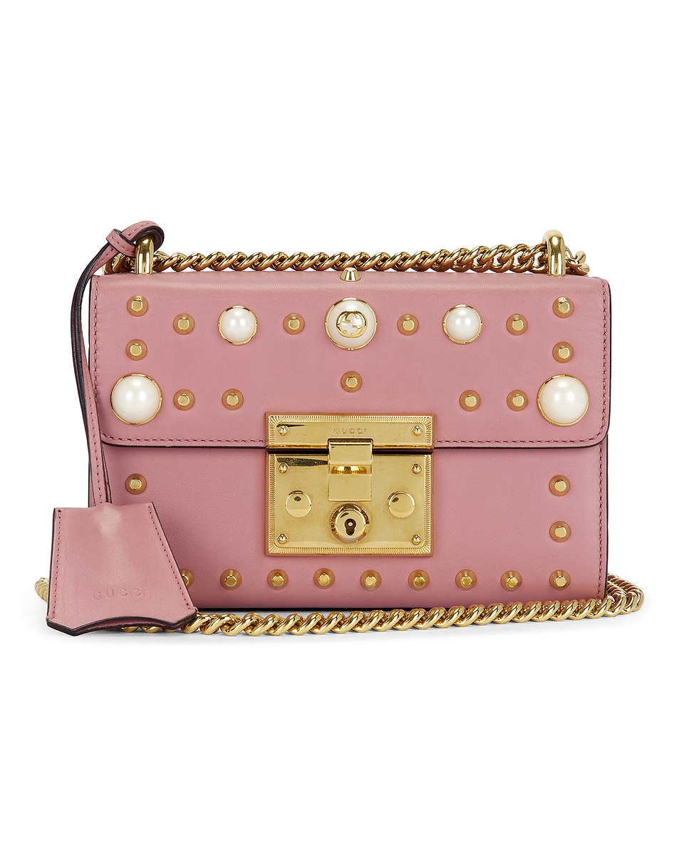 Image 1 of FWRD Renew Gucci Pearl Studded Padlock Shoulder Bag in Pink