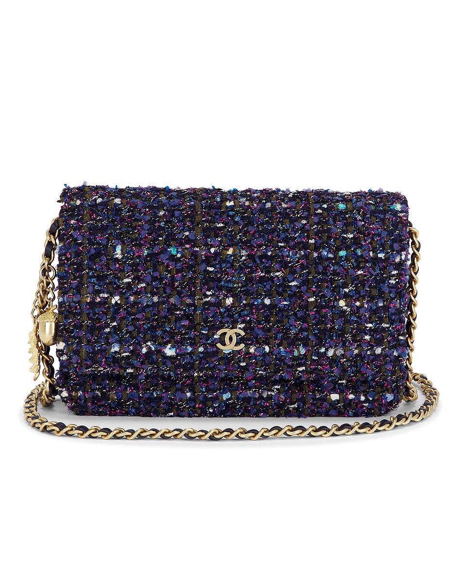 Image 1 of FWRD Renew Chanel Tweed Wallet On Chain in Blue