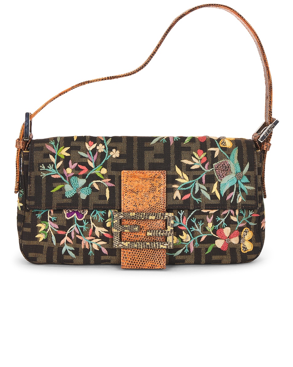 Image 1 of FWRD Renew Fendi Zucca Floral Embroidered Baguette Shoulder Bag in Brown