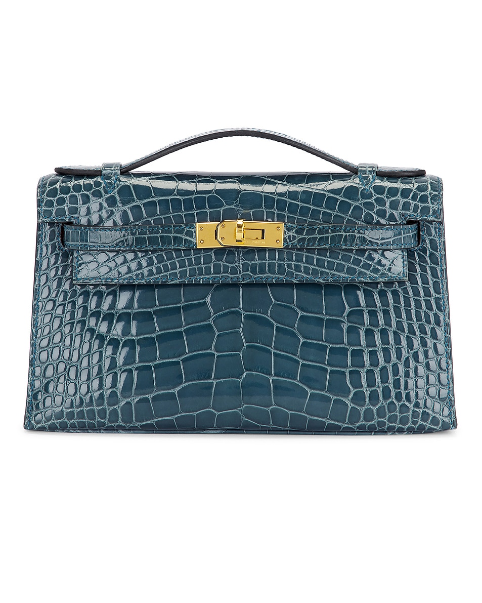 Image 1 of FWRD Renew Hermes Shiny Alligator Kelly Pochette Handbag in Bleu Tempete