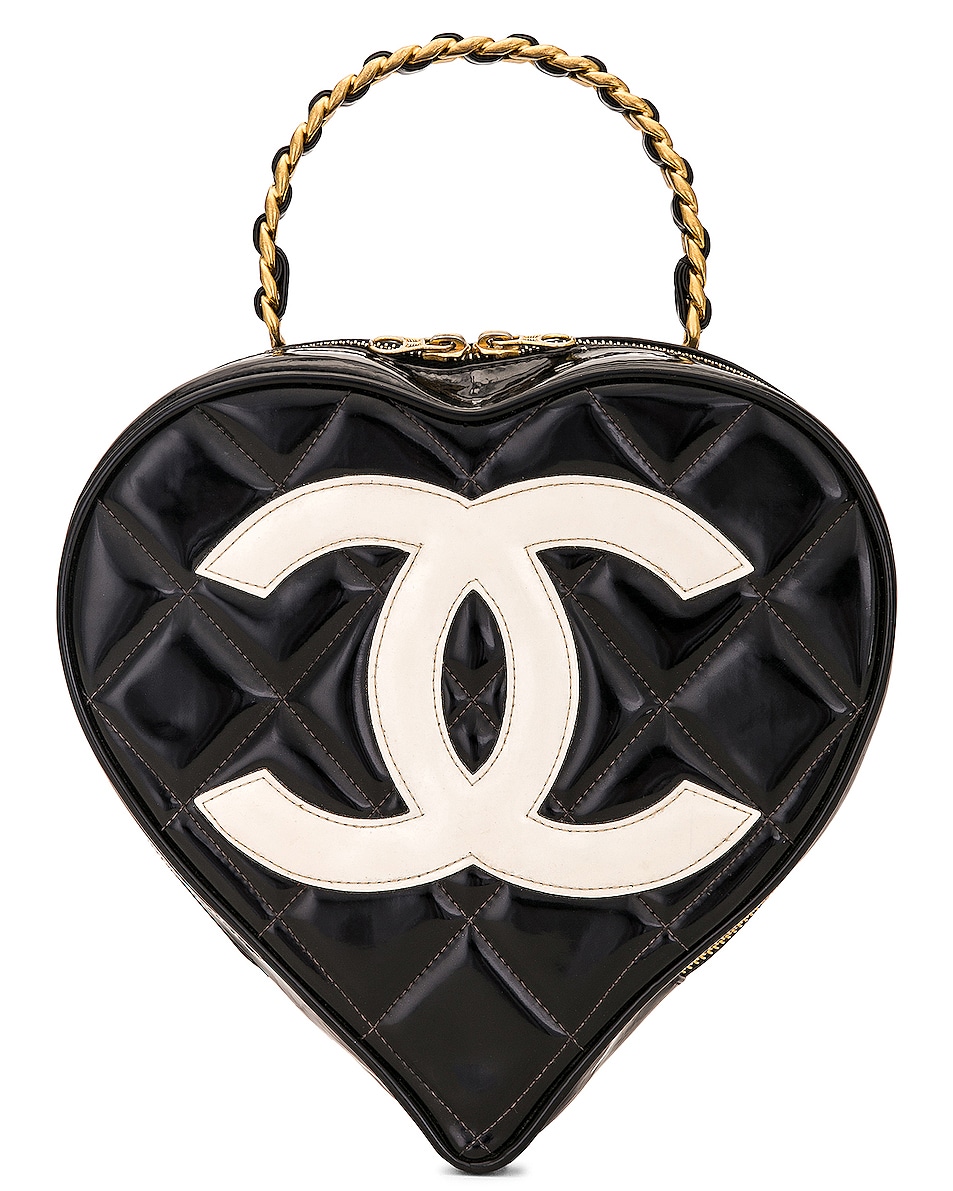 Image 1 of FWRD Renew Chanel Vintage Heart Shape CC Vanity Patent Bag in Black & White