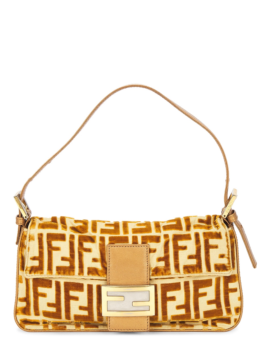 Image 1 of FWRD Renew Fendi FF Embossed Velvet Baguette Shoulder Bag in Gold