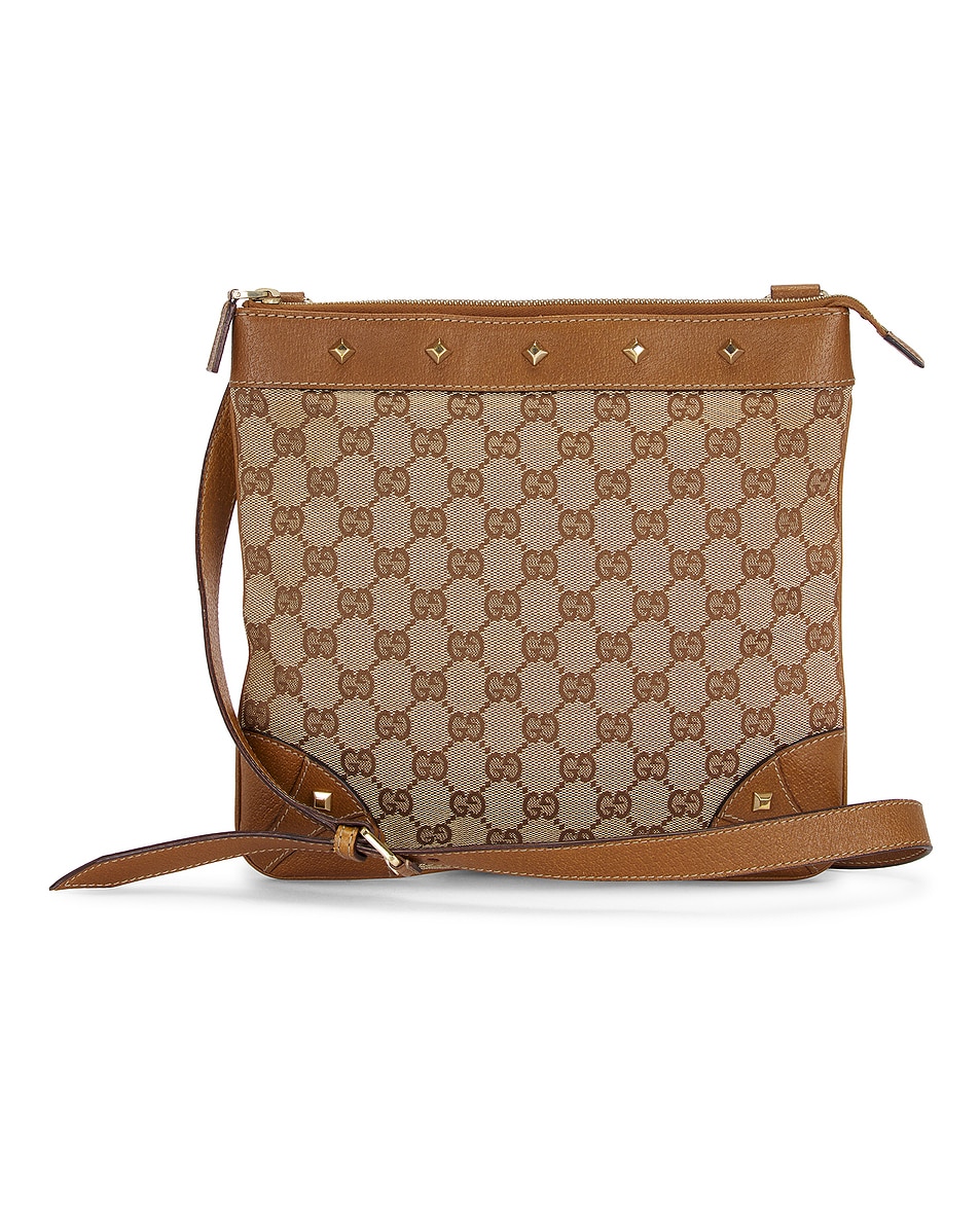 Image 1 of FWRD Renew Gucci Studded Nailhead Flat Messenger Bag in Beige