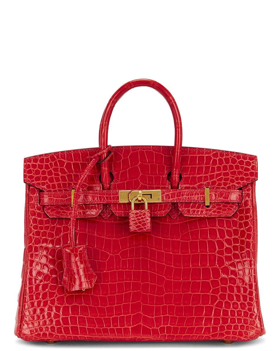 Image 1 of FWRD Renew Hermes Shiny Porosus Crocodile Birkin 25 Handbag in Rouge