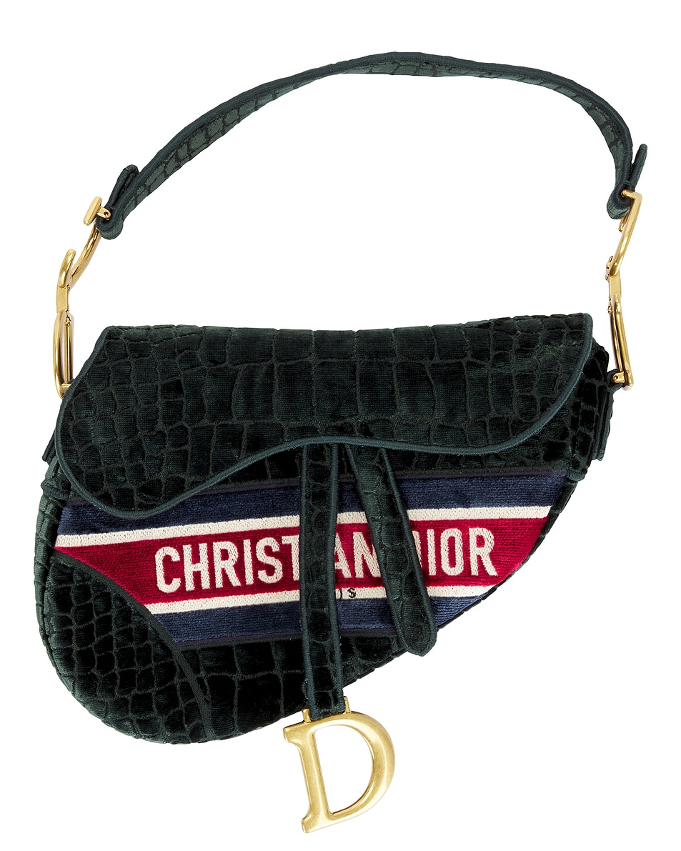 Image 1 of FWRD Renew Dior Velvet Crocodile Effect Saddle Bag in Green