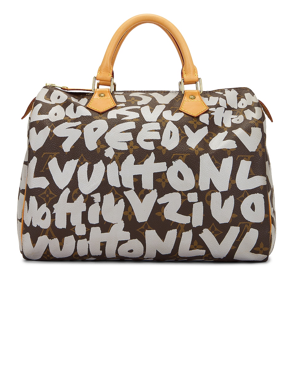Image 1 of FWRD Renew Louis Vuitton Monogram Graphite Graffiti Speedy Handbag in Brown & White