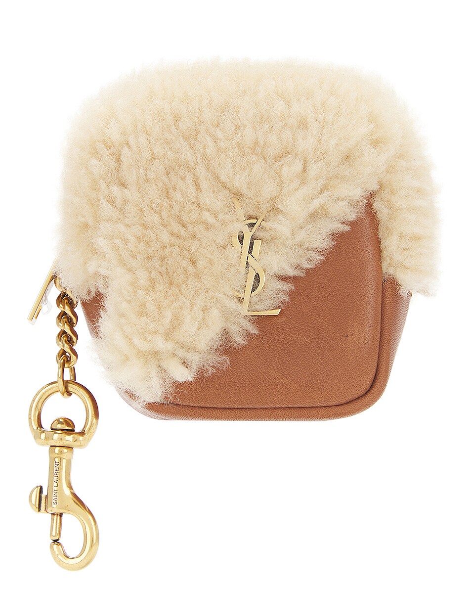 Image 1 of FWRD Renew Saint Laurent Jamie Shearling Charm Pouch in Natural Beige & Brick
