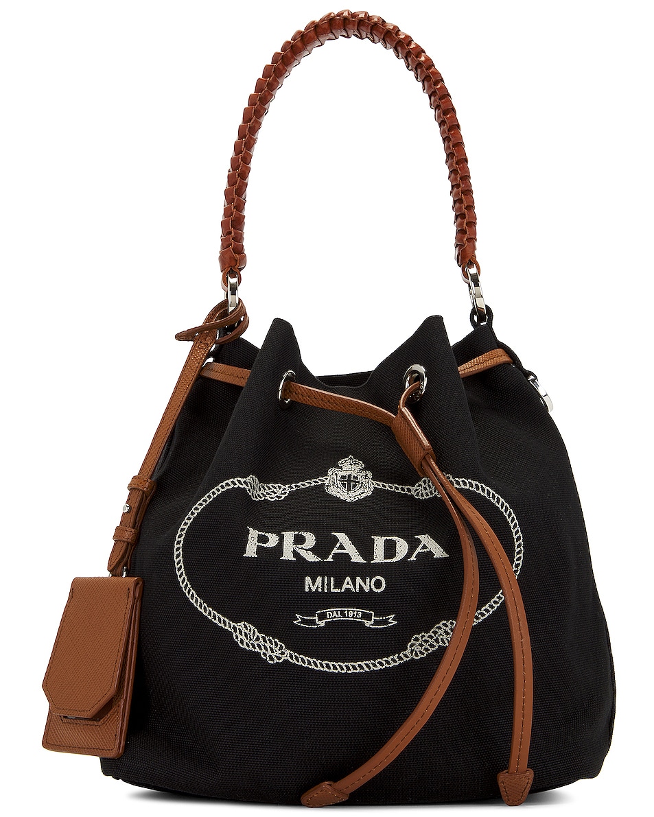 Image 1 of FWRD Renew Prada Leather Canvas Drawstring Bucket Bag in Black