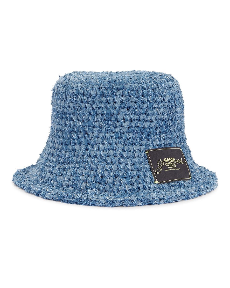 Image 1 of Ganni Denim Handknit Bucket Hat in Light Indigo