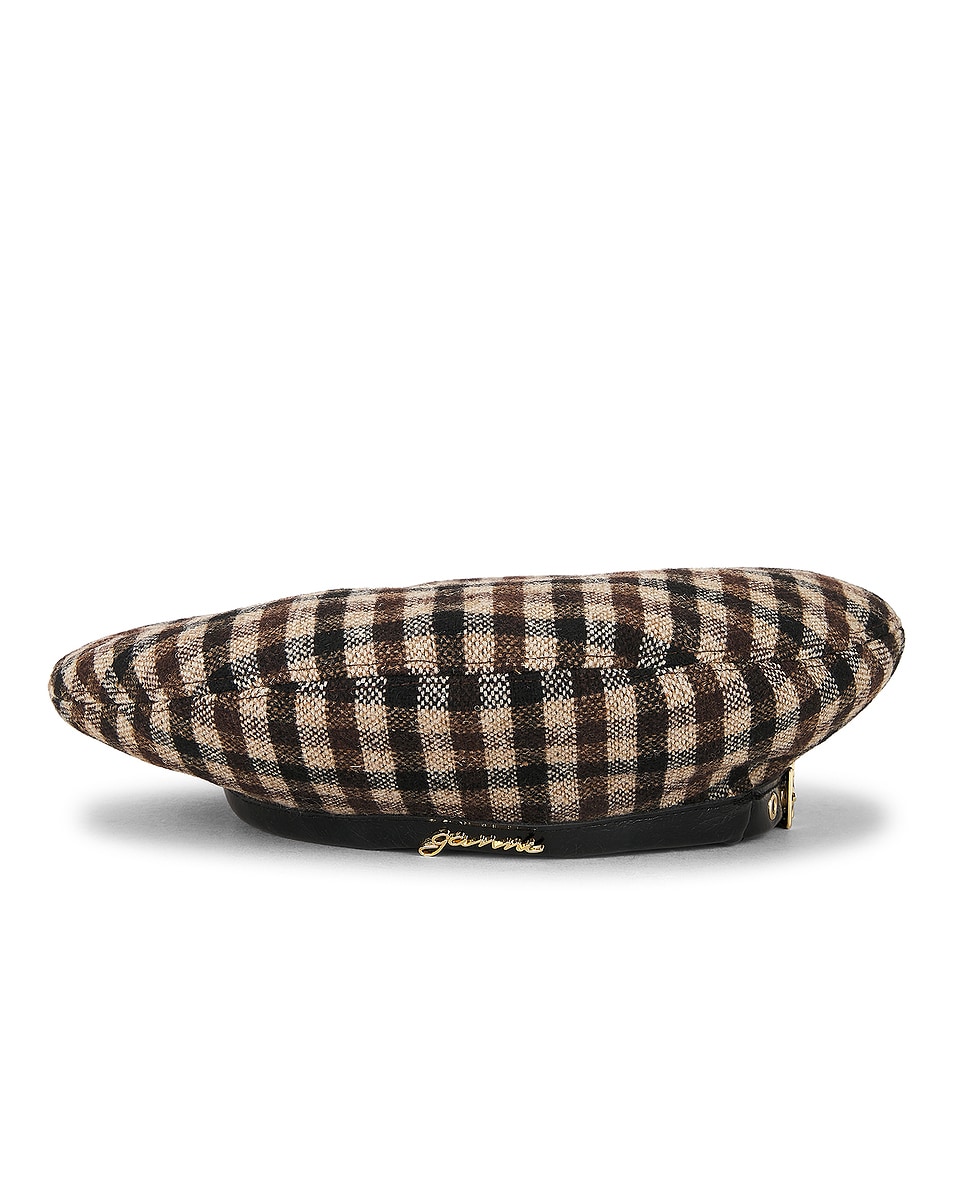 Image 1 of Ganni Checked Wool Mix Beret in Chicory Coffee