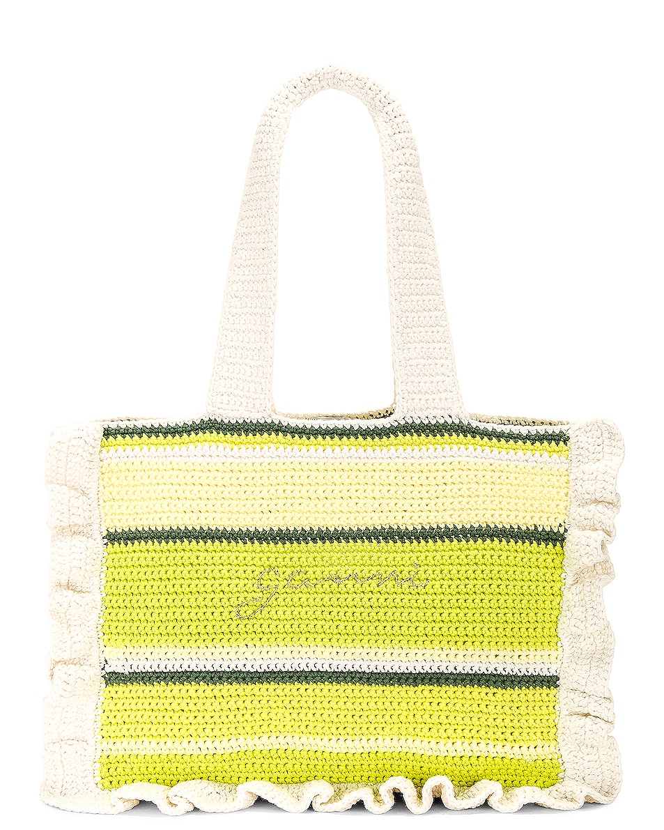 Image 1 of Ganni Cotton Crochet Frill Tote in Tender Shoots