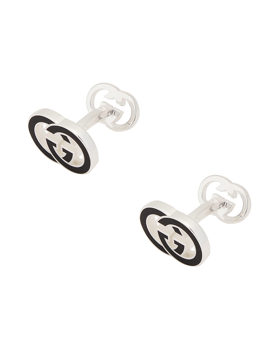 Image 1 of Gucci Interlocking G Cufflinks in Sterling Silver & Black Enamel