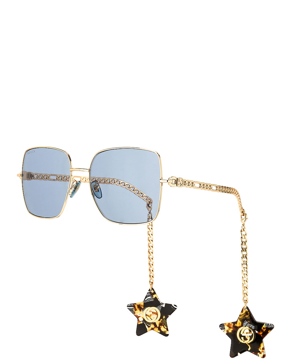 Image 1 of Gucci Chain Square Sunglasses in Shiny Endura Gold & Solid Blue