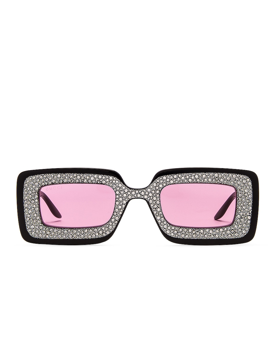 Image 1 of Gucci Hollywood Forever Rectangular Sunglasses in Shiny Black & Crystal