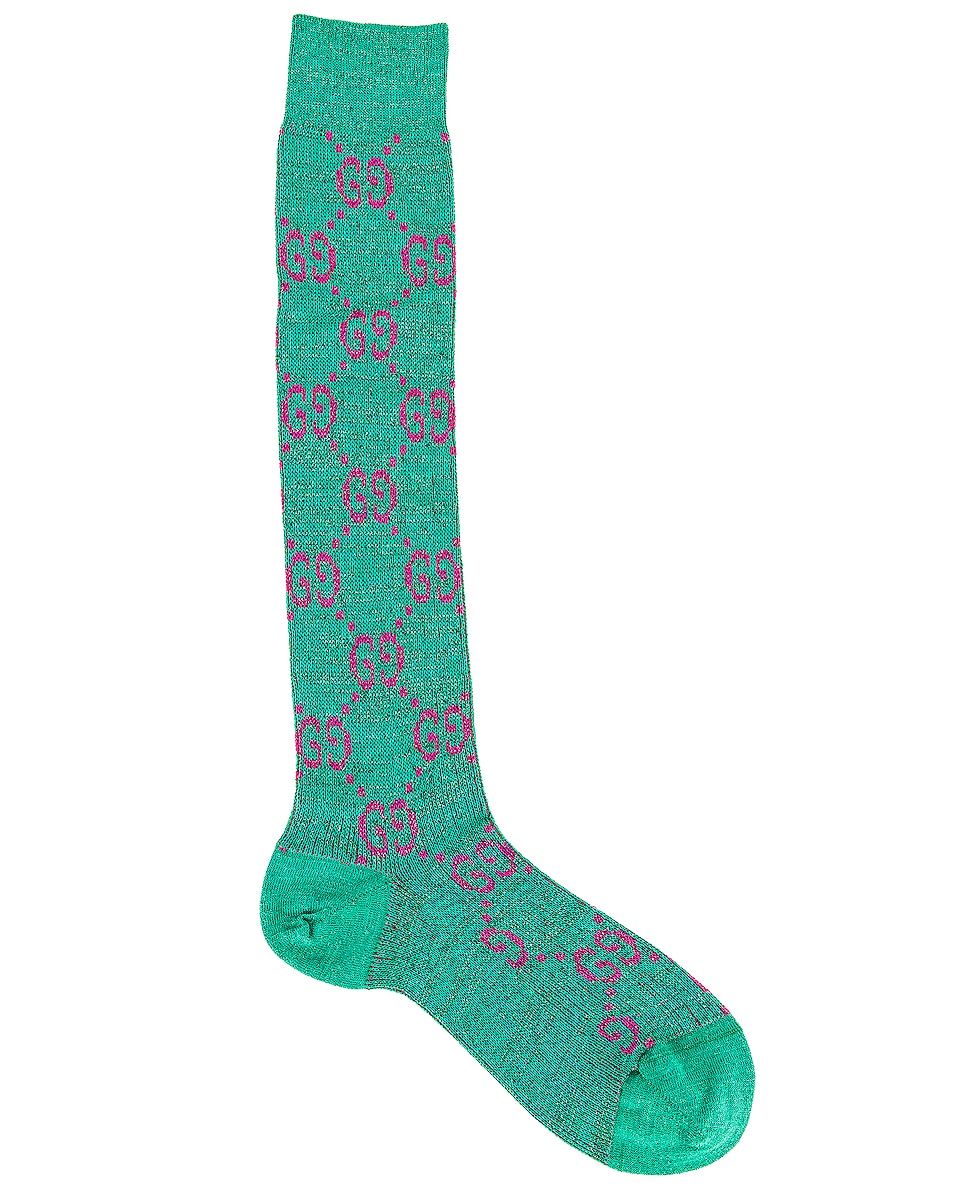 Image 1 of Gucci Logo Socks in Emerald & Pink