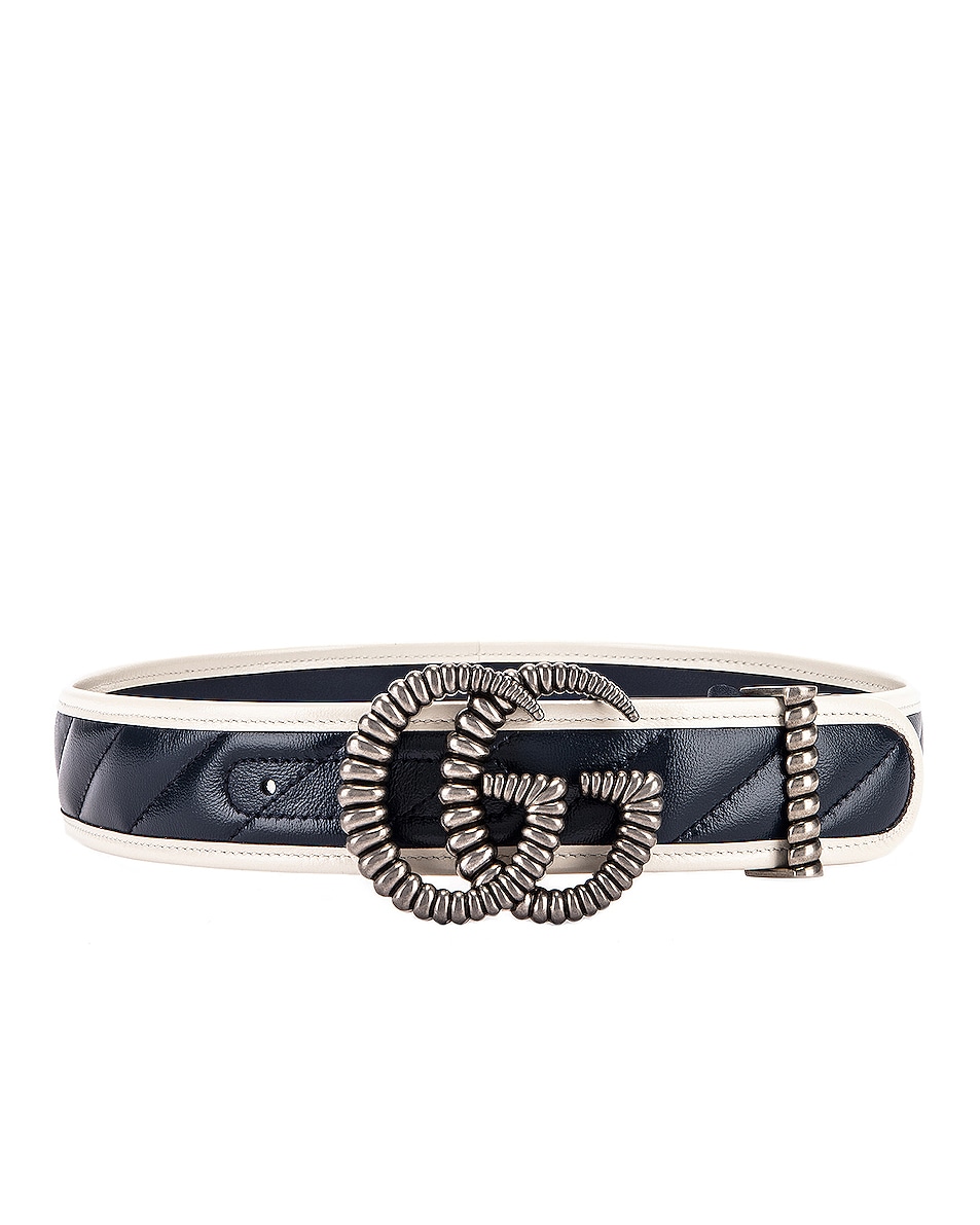 Gucci Leather Torchon Double G Buckle Belt in Blue Agata & Mystic White | FWRD