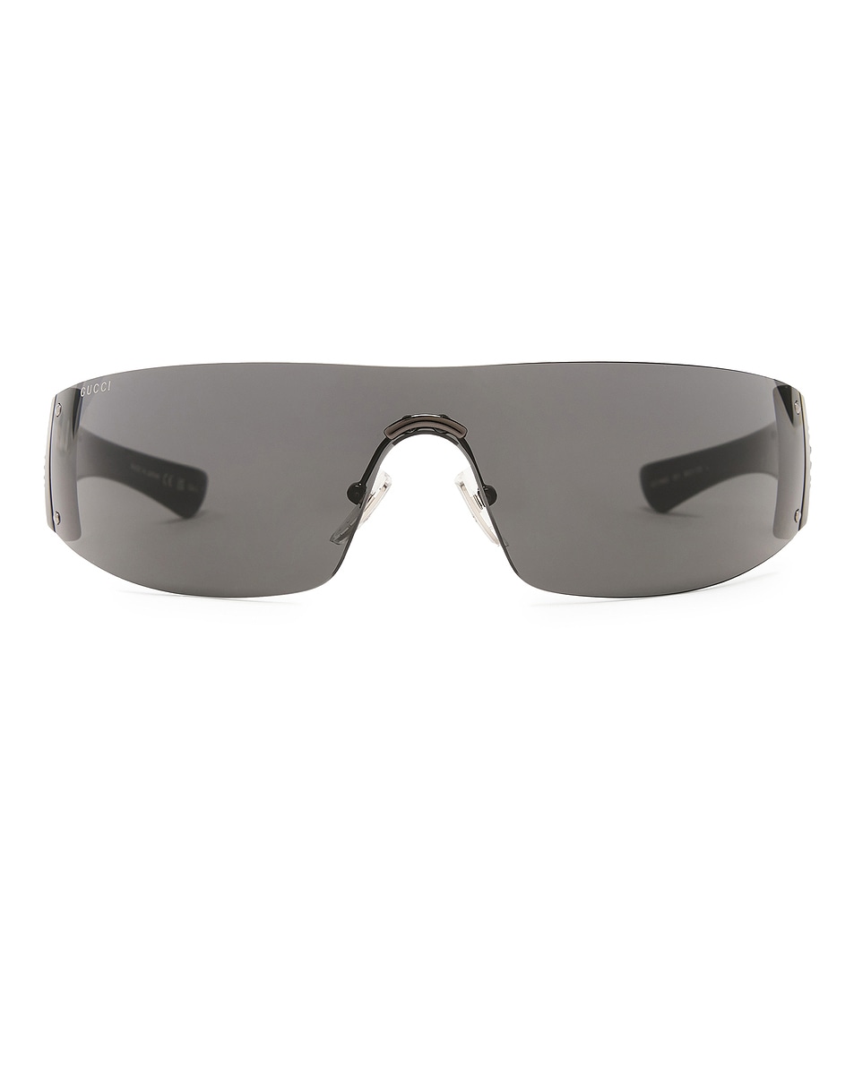 Image 1 of Gucci Shield Sunglasses in Ruthenium, Black, & Grey