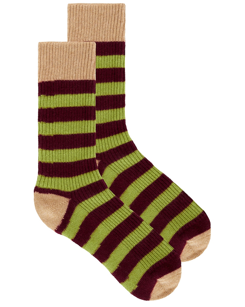 Image 1 of Guest In Residence Striped Soft Cashmere Socks in Matcha & Plum