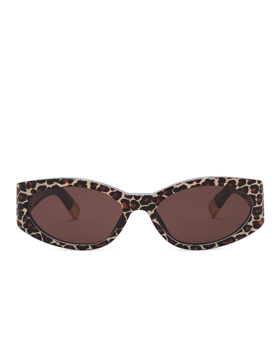 Image 1 of JACQUEMUS Les Lunettes Ovalo in Leopard, Yellow Gold, & Brown