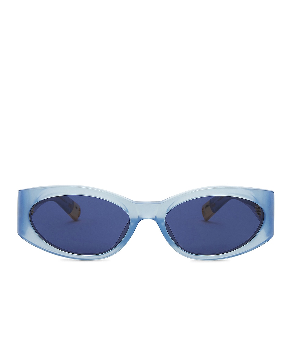 Image 1 of JACQUEMUS Les Lunettes Ovalo in Blue Pearl, Yellow Gold, & Navy