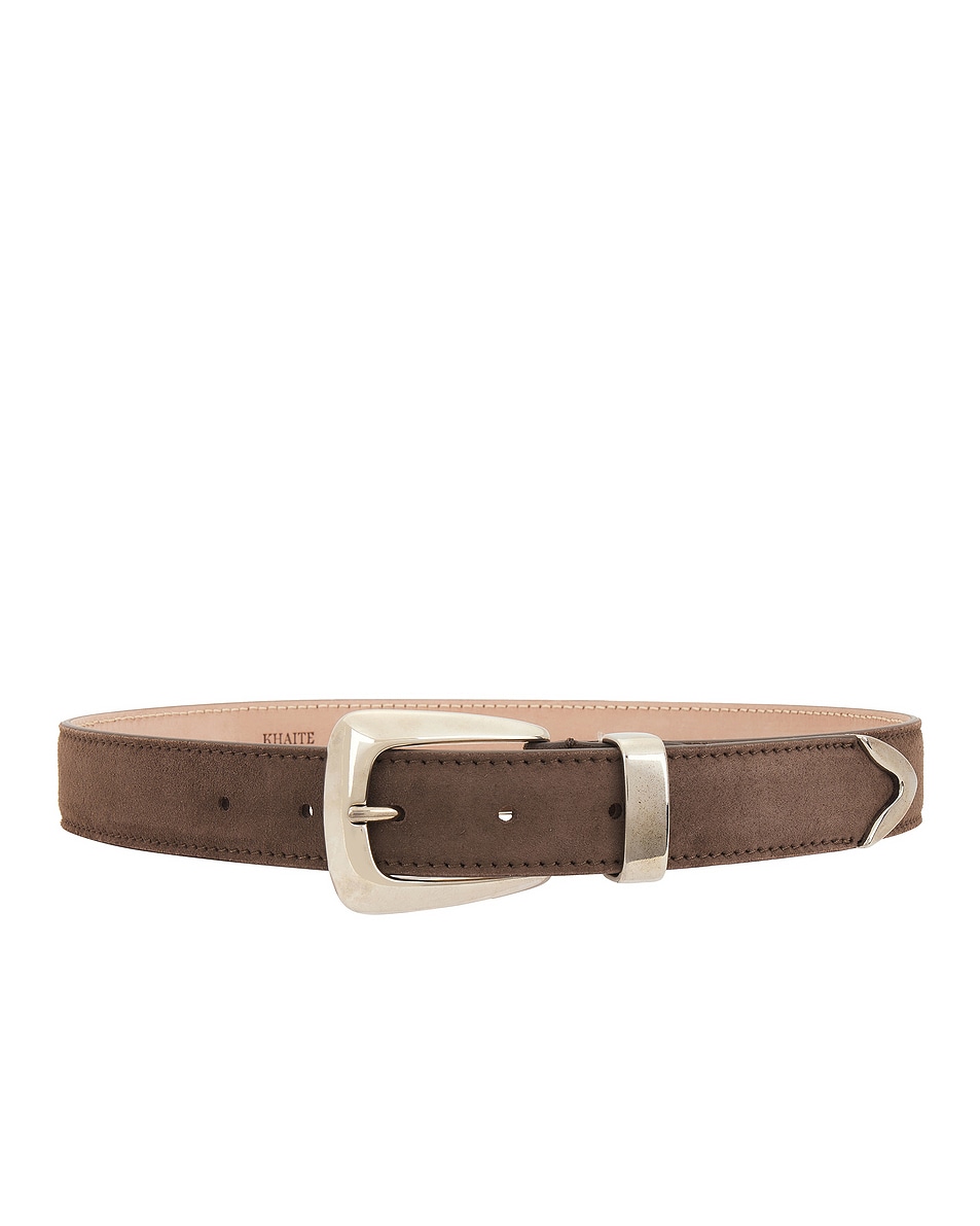 Image 1 of KHAITE Benny Suede Belt in Toffee & Antique Silver