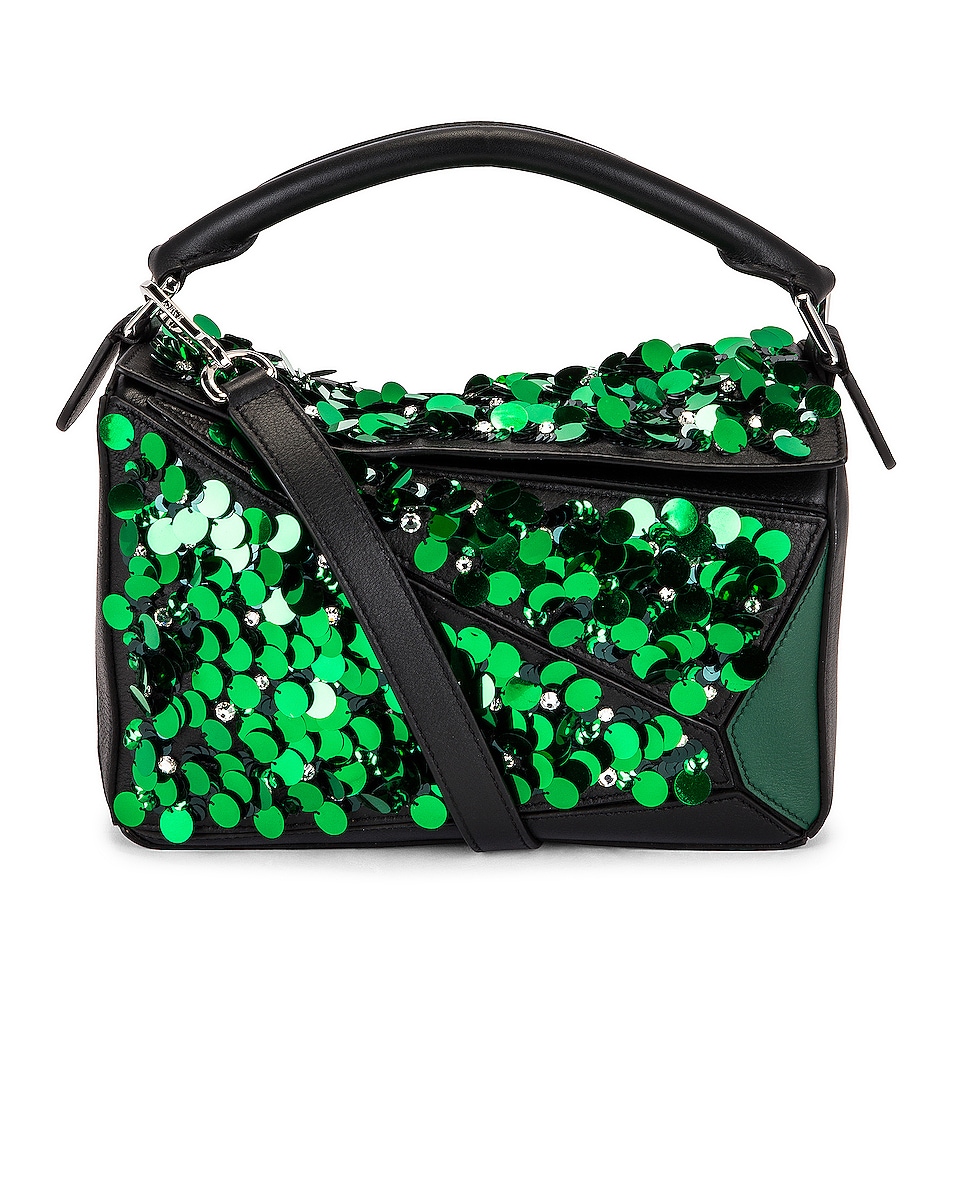 Image 1 of Loewe Puzzle Sequins Small Bag in Green & Black