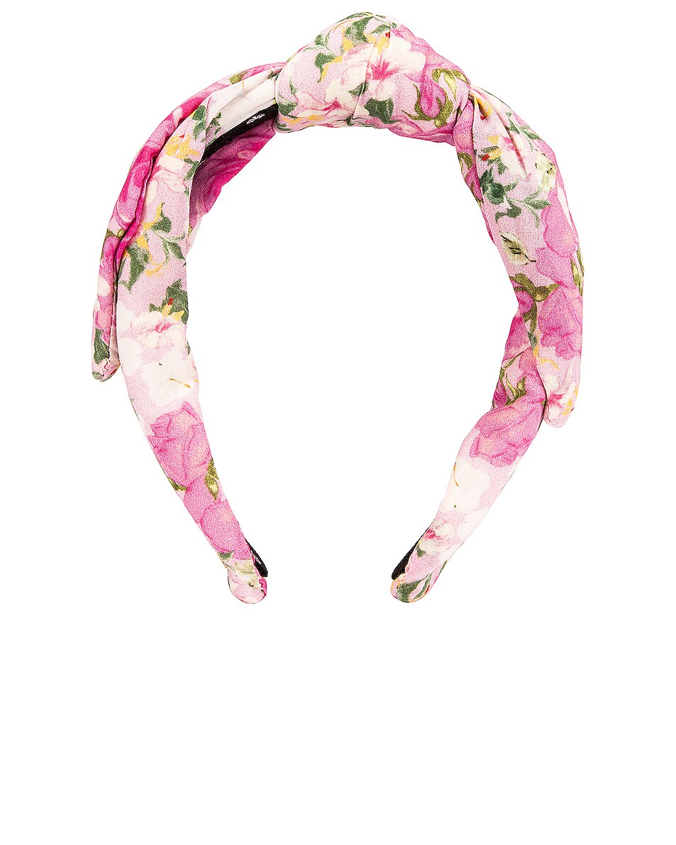 Image 1 of Lele Sadoughi x LoveShackFancy Printed Veronica Bow Headband in Magenta Flower Fields