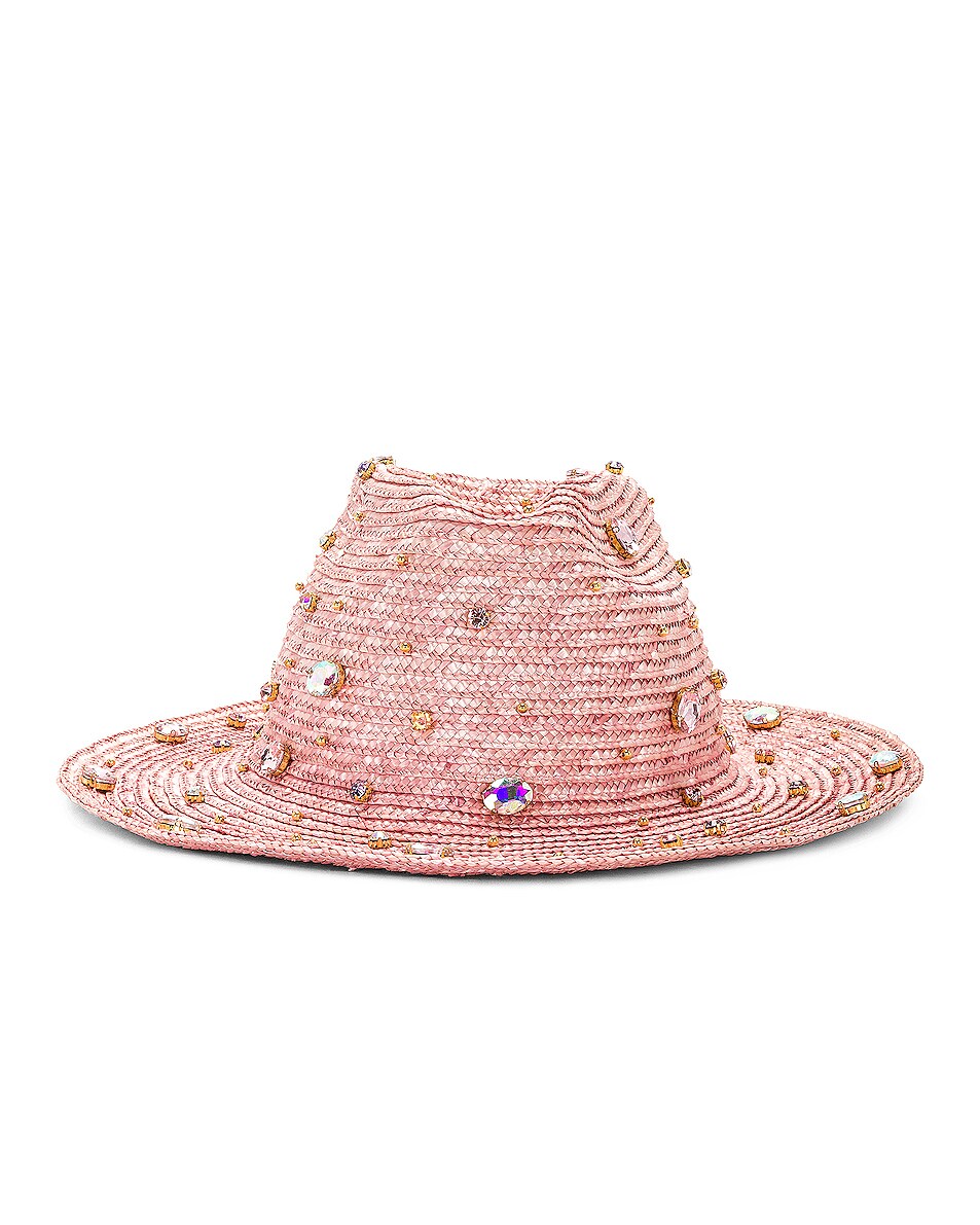 Image 1 of Lele Sadoughi Ombre Crystal Embellished Straw Hat in Ombre Rosado
